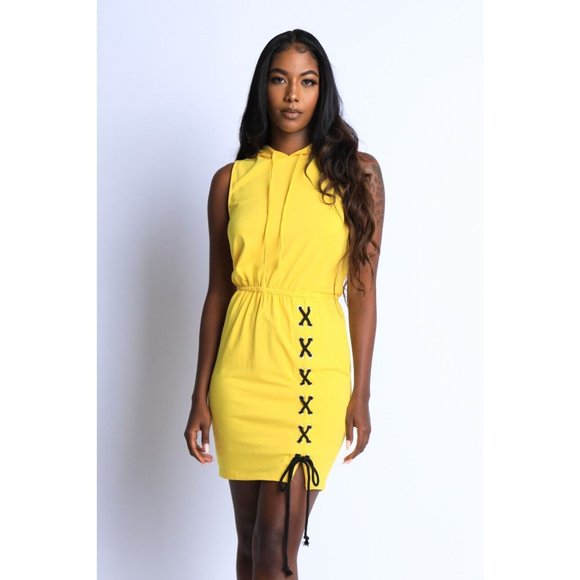 Women's Sleeveless Hoodie Dress Cross Tie Detailed Casual Dress Yellow S M L - Picture 10 of 11